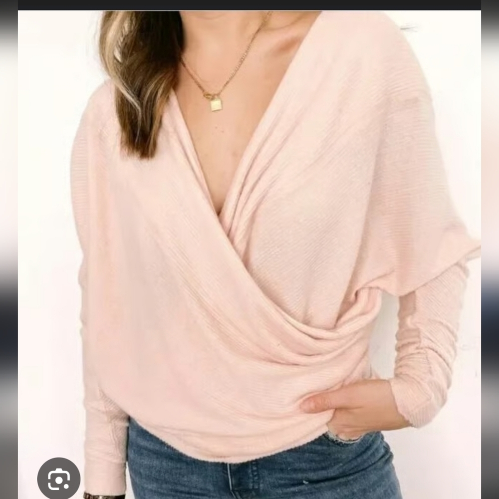 Free People Cozy With You Surpluce Pullover Soft Knit Wrap Sweater In Blush Pink